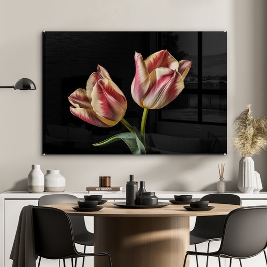 MuchoWow® Peinture sur verre - Tulipes - Fleurs - Rose - Wit - Nature - 120x80 cm - Peintures sur verre acrylique - Photo sur Glas