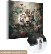 Glasschilderij - Tijger - Bloemen - Blinder - Dieren - Natuur - Glasplaat - Foto op glas - Glasschilderijen woonkamer - Schilderij op glas - 50x50 cm - Muurdecoratie - Wanddecoratie - Slaapkamer - Kamer decoratie