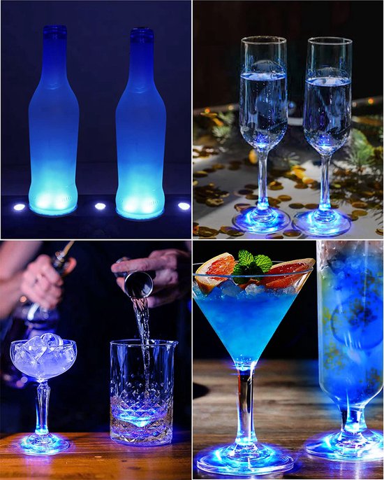 Bouteilles et verres s'illuminant en bleu lors de fêtes.