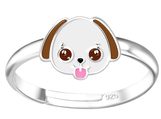 Joy|S - Zilveren hond ring - verstelbaar - hondje wit bruin - voor kinderen