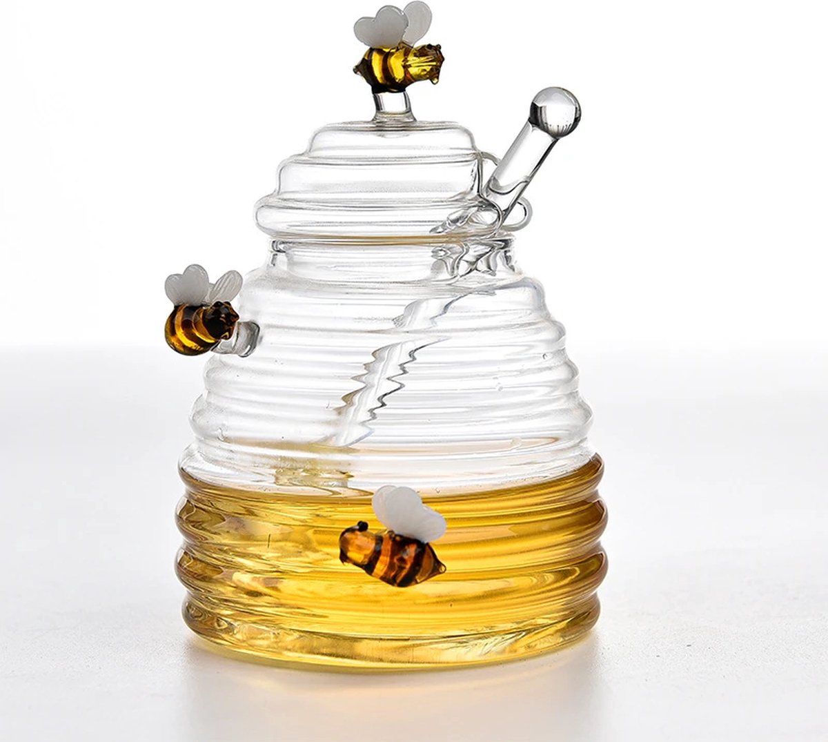 Glazen Honing Pot - Met Honing Lepel En Deksel - Glaswerk - Transparant - Opslag - Keukenbenodigdheden - Decoratief - High Tea - Bij De Thee - Ontbijt - Lunch