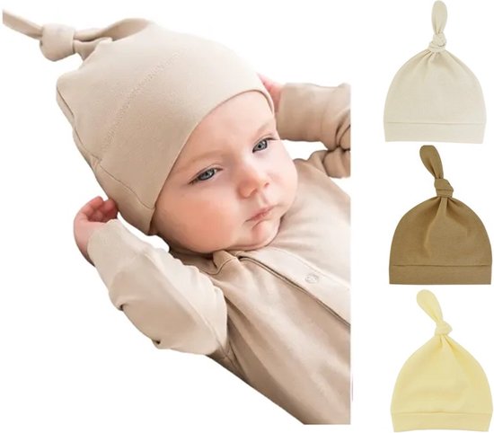 3 pack - Newborn Babymutsjes met Knoop - Lichtgeel - Bruin - Zand