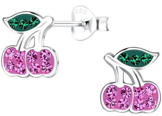 Joy|S - Zilveren kers oorbellen - 8 mm - cherise roze - kristal - kinderoorbellen