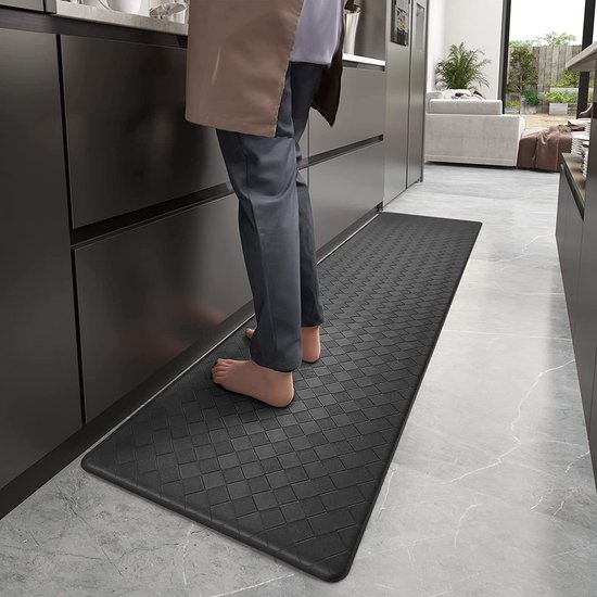 Keukenmat 44 x 120 cm, Anti Vermoeidheid Keukenmat Anti slip Wasbaar, Olie resistent, Waterdicht Leer Keukenmat voor Keuken, Eetkamer, Woonkamer, Kantoor (Zwart)