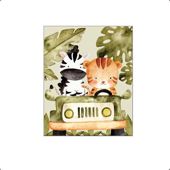 PosterDump - Poster Zebra en Tijger in de Jeep in de Jungle - Jungle / Safari Poster - Kinderkamer / Babykamer - 70x50cm