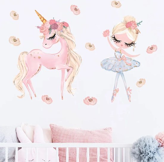 Muursticker Kinderkamer - Babykamer - Ballerina - Unicorn - Prinses - 73x53cm - Meisje