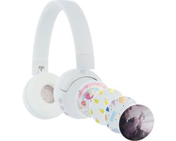 BuddyPhones PopFun Koptelefoon Kinderen - Kinder Koptelefoon Draadloos – Volumelimiet 84/95 dB – 24 uur batterijduur – Bluetooth Hoofdtelefoon - Ingebouwde microfoon - Inclusief Leuke Stickers - Wit