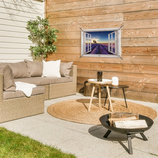 Poster de jardin Look-through - Lavande - Arbre - Fenêtre - Coucher de soleil - 60x40 cm