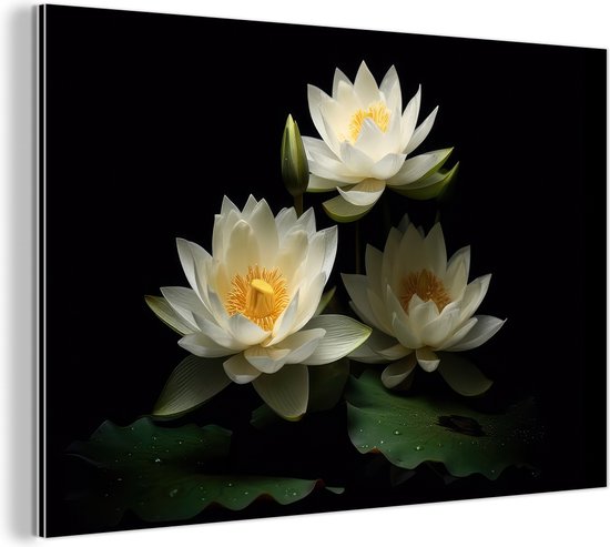 Wanddecoratie Metaal - Aluminium Schilderij Industrieel - Lotus - Bloemen - Wit - Natuur - Zwart - 120x80 cm - Dibond - Foto op aluminium - Industriële muurdecoratie - Voor de woonkamer/slaapkamer