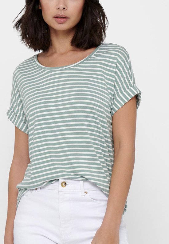 Close-up van een model in een mintgroen en wit gestreept t-shirt met omgerolde mouwen.