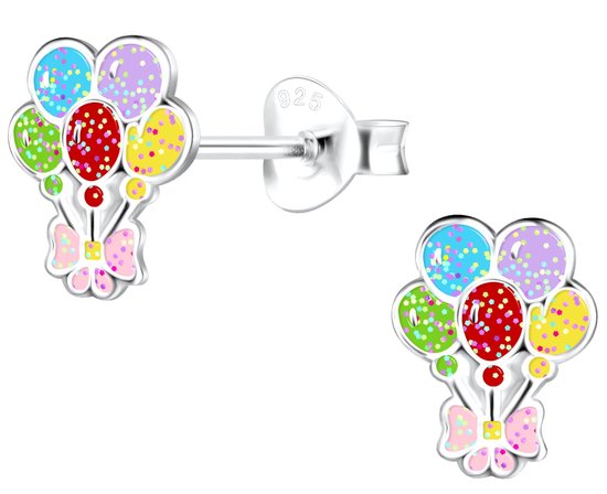 Joy|S - Zilveren ballon oorbellen - multicolor met glittertjes - roze strikje - 7 x 9 mm - feest oorknoppen - kinderoorbellen