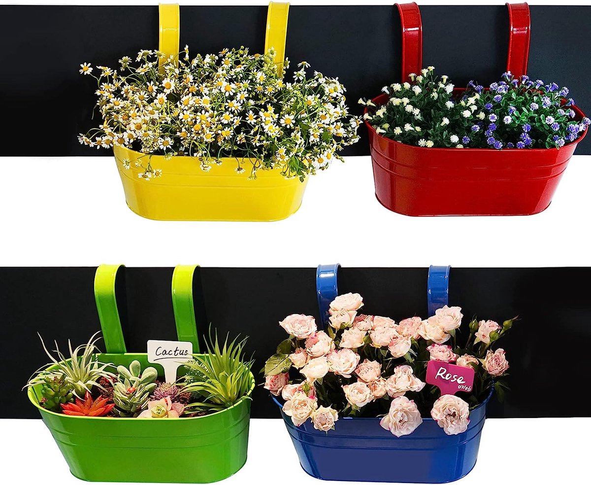 Pot de fleurs en métal à suspendre - Seau de fleurs ovale - Blanc -  Décoration de jardin - Pot à suspendre avec crochet amovible pour plantes