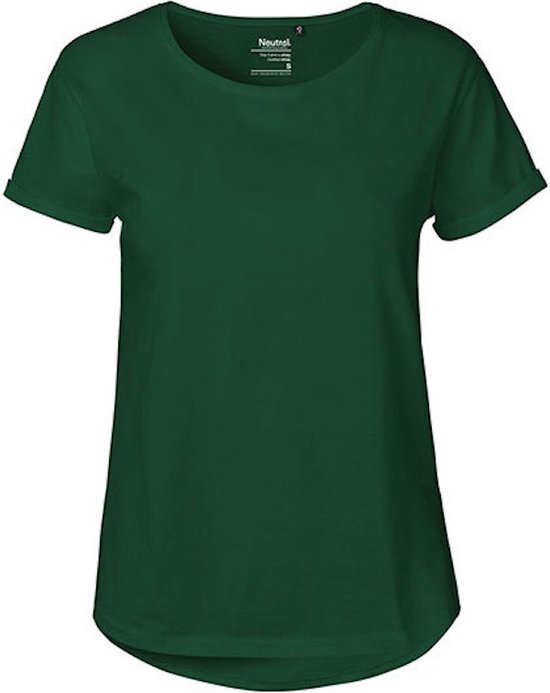 T-Shirt Femme Col Rond Manches Retroussées Vert Bouteille - XL