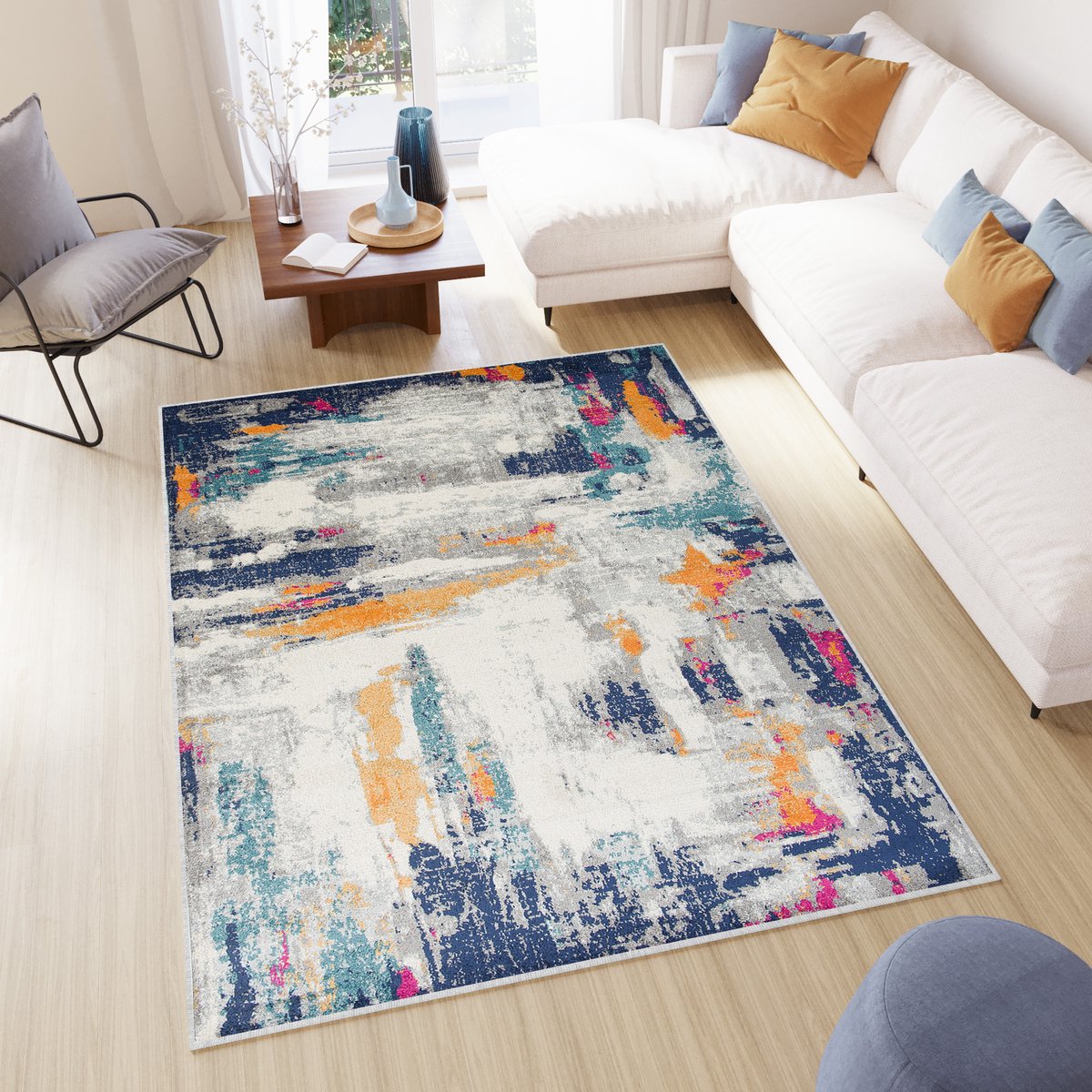 Tapiso Denver Vloerkleed Grijs Blauw Oranje Woonkamer Tapijt Maat- 160x230 Lichtgrijs Blauw