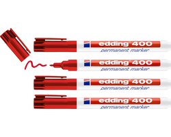 edding 400 permanent marker - rood - 4 stiften - ronde punt 1 mm - water en wrijfvast - voor karton, kunststof, hout, metaal, etc. - alcohol markers voor volwassenen