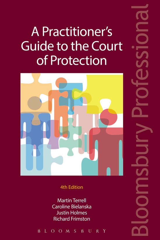 Couverture du livre : A Practitioner's Guide to the Court of Protection, 4e édition, avec une illustration de silhouettes humaines en puzzle coloré.