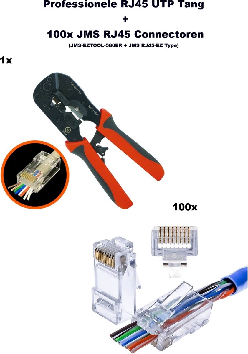 JMS® Professionele JMS-EZTOOL-580ER RJ45 UTP Tang / Netwerktang + 100x JMS RJ45 Doorsteek Connectoren ( EZ Type RJ45 cat5e / Cat6 )
