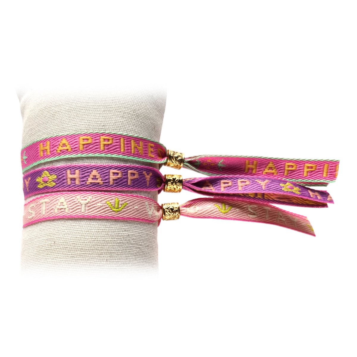 Principessa set van 3 trendy Festival lint armbandjes met tekstlint - Tekst: Happiness, Happy, Stay Wild - Kleur: Roze, Paars, Lichtroze