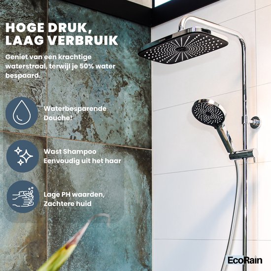 EcoRain© 50% Waterbesparende Douchekop Charly 13 CM met Doucheslang en Waterfilter - 3 Sproeistanden - Universele Aansluiting - Anti-kalk Douchekop - 2 jaar garantie - Chroom