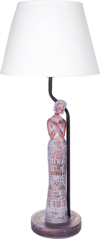 BRUBAKER Tafel- of bedlampje Afrikaanse vrouw in koperlook - tafellamp met keramische voet en stoffen kap - 58 cm hoog, grijs wit