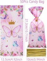 50 stuks uitdeelzakjes - traktatie zakjes roze vlinders 27x12,5 cm