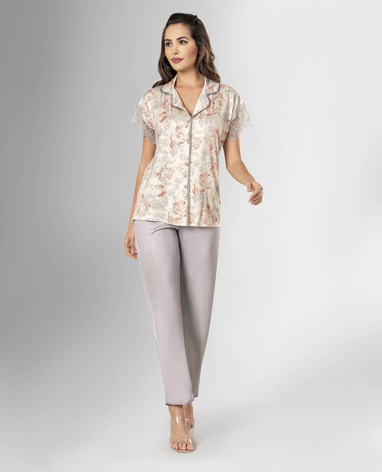 Dames Pyjama 2- Delige - Luxe Pyjamaset- Nachtkleding Grijs Maat XL