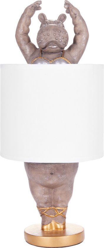 BRUBAKER Tafel- of bedlampje nijlpaard ballerina - tafellamp met keramische voet en stoffen kap - 43 cm hoogte, wit grijs