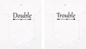 Baby Romper set Double Trouble 12-18 maand - Wit - Rompertjes baby met tekst - Rompertjes voor tweeling