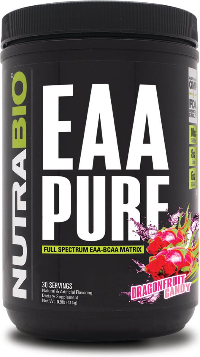 Goedkoopste Nutrabio EAA PURE - Optimale Spierherstel en Hydratatie met Alle 9 Essentiële Aminozuren - 30 servings Dragon Fruit Candy