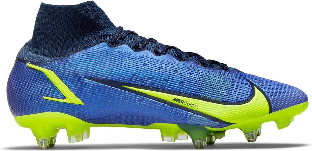 Nike Mercurial Superfly Elite SG-PRO voetbalschoenen in maat 46, met elastische kraag en opvallende blauwe en gele kleuren.