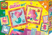 SES - Knoeivrije glitter kunst - 6 stickerkaarten met glimmend transferfolie, glitter stickers en glitter pompons