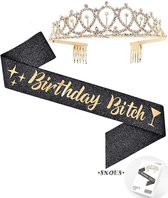 Snoes * Goud Zwart Verjaardag Kroon Tiara en Sjerp * Birthday Bitch * Gold/Black/Glitter * Jarige versiering * Dress up for your Birthday *