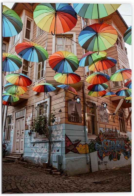 Dibond - Plafond van Kleurrijke Paraplu's in Dorpssystraat - 70x105 cm Foto op Aluminium (Wanddecoratie van metaal)