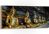 Hout - Rijen Gouden Boeddha's in Wat Tham Khuha Sawan Tempel in Thailand - 100x50 cm - 9 mm dik - Foto op Hout (Met Ophangsysteem)