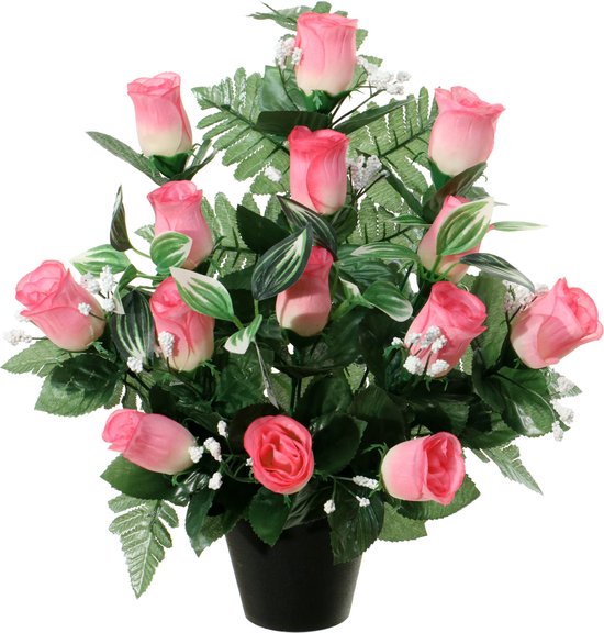 Louis Maes Fleurs artificielles en pot - 2x - rose clair - H35 cm - Ornement composition florale - roses/gypsophile avec feuille verte