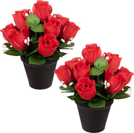 Louis Maes Kunstbloemen klein boeketje rozen in pot - 2x - rood - H25 cm - Bloemstuk - Bladgroen