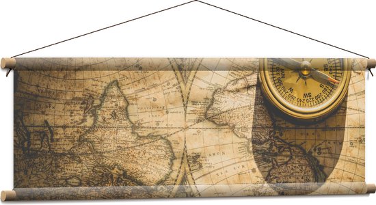 Textielposter - Kompas met Wereldkaarten - 90x30 cm Foto op Textiel