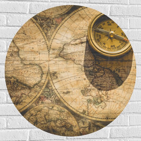 Muursticker Cirkel - Kompas met Wereldkaarten - 80x80 cm Foto op Muursticker