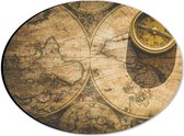 Dibond Ovaal - Kompas met Wereldkaarten - 28x21 cm Foto op Ovaal (Met Ophangsysteem)