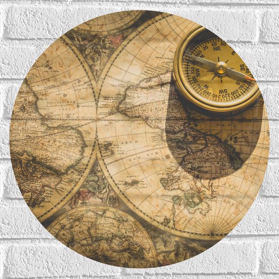 Muursticker Cirkel - Kompas met Wereldkaarten - 50x50 cm Foto op Muursticker