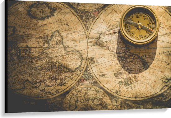Canvas - Kompas met Wereldkaarten - 120x80 cm Foto op Canvas Schilderij (Wanddecoratie op Canvas)