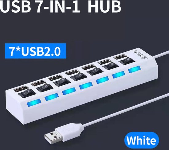 7 Ports /LED USB 2.0 Adapter Hub Power On / Off Switch For PC Laptop ...