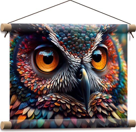 Textielposter - Kop van Uil met Kleurrijke Veren en Feloranje Ogen - 40x30 cm Foto op Textiel