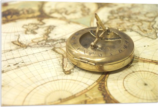 Acrylglas - Gouden Kompas op Wereldkaart - 105x70 cm Foto op Acrylglas (Met Ophangsysteem)