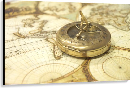 Canvas - Gouden Kompas op Wereldkaart - 150x100 cm Foto op Canvas Schilderij (Wanddecoratie op Canvas)