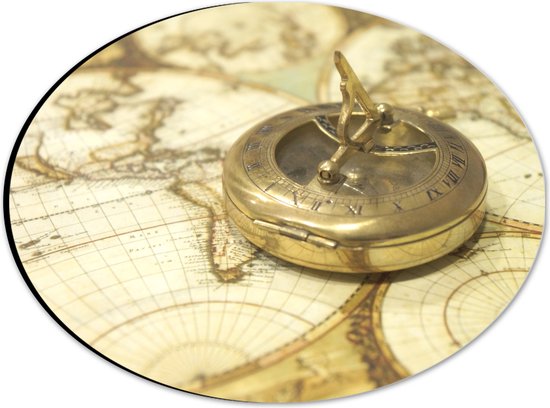 Dibond Ovaal - Gouden Kompas op Wereldkaart - 28x21 cm Foto op Ovaal (Met Ophangsysteem)