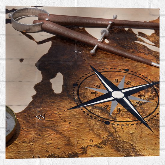 Muursticker - Kompas op Wereldkaart - 50x50 cm Foto op Muursticker