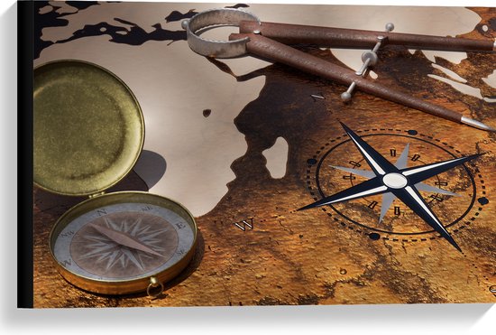 Canvas - Kompas op Wereldkaart - 60x40 cm Foto op Canvas Schilderij (Wanddecoratie op Canvas)