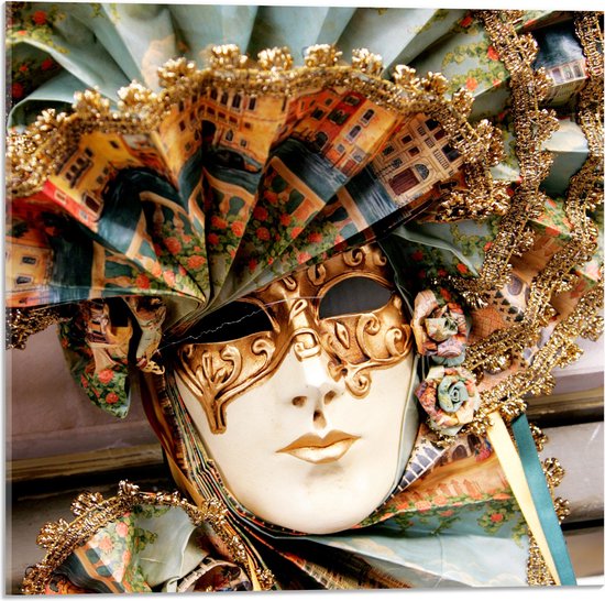 Acrylglas - Prachtig Masker met Blauwe Kraag en Gouden Details - 50x50 cm Foto op Acrylglas (Wanddecoratie op Acrylaat)