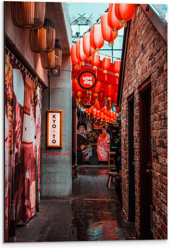 Dibond - Smalle Straat Versierd met Rode Lampionnen in Tokyo - 40x60 cm Foto op Aluminium (Wanddecoratie van metaal)